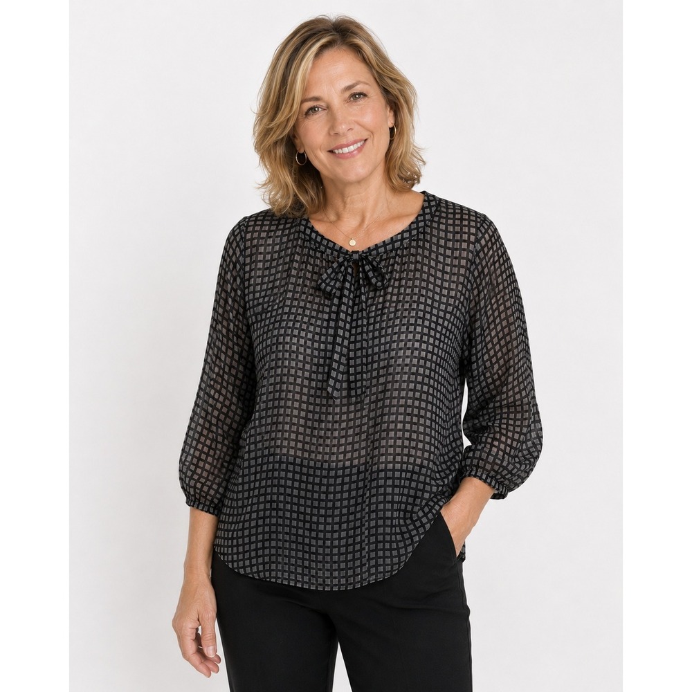 Graumann Womens Gray Black 100% Silk Grid Tie Neck Sheer Blouse Size M